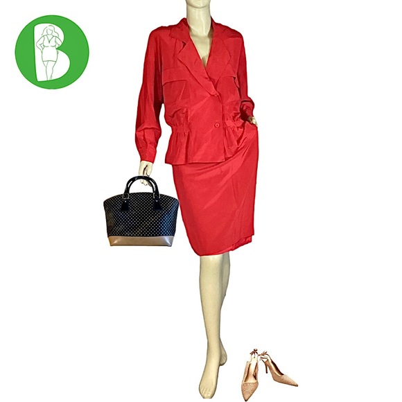 LINDA ALLARD FOR ELLEN TRACY VINTAGE 90'S RED SILK SKIRT & JACKET SET (12) - Picture 1 of 14